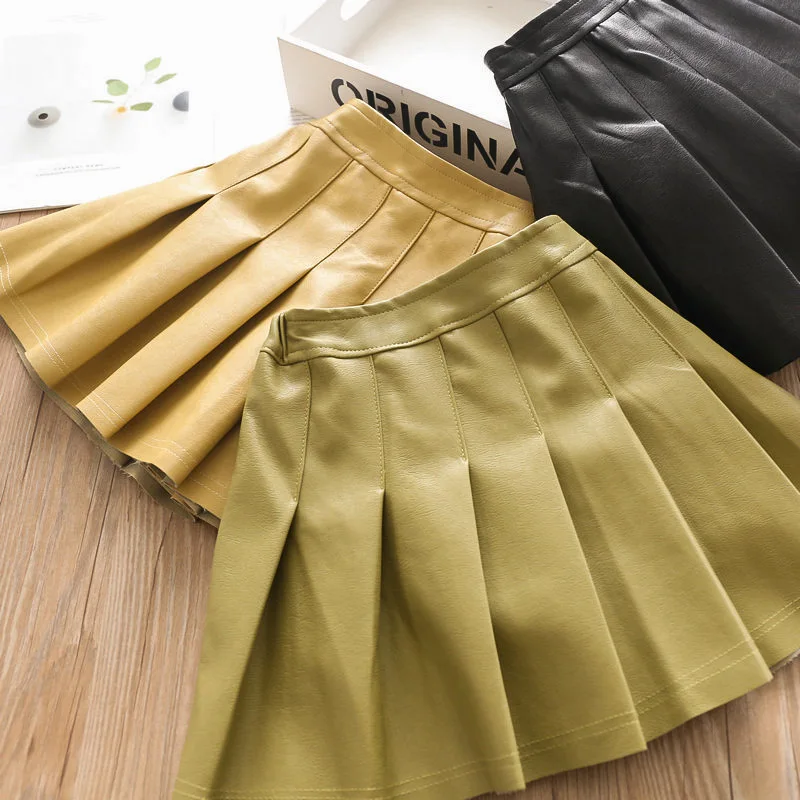 Плиссированная юбка из искусственной кожи для маленьких девочек бархатная