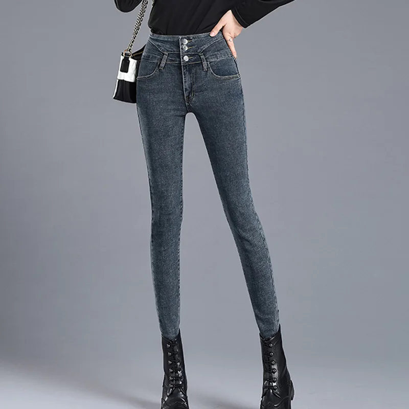 Корейские элегантные эластичные BF черные/темно-синие женские джинсы с высокой
