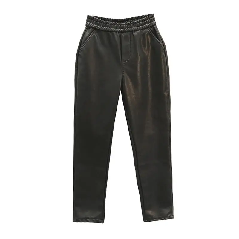 Черные брюки из искусственной кожи женские широкие Pantalon Femme однотонные с высокой