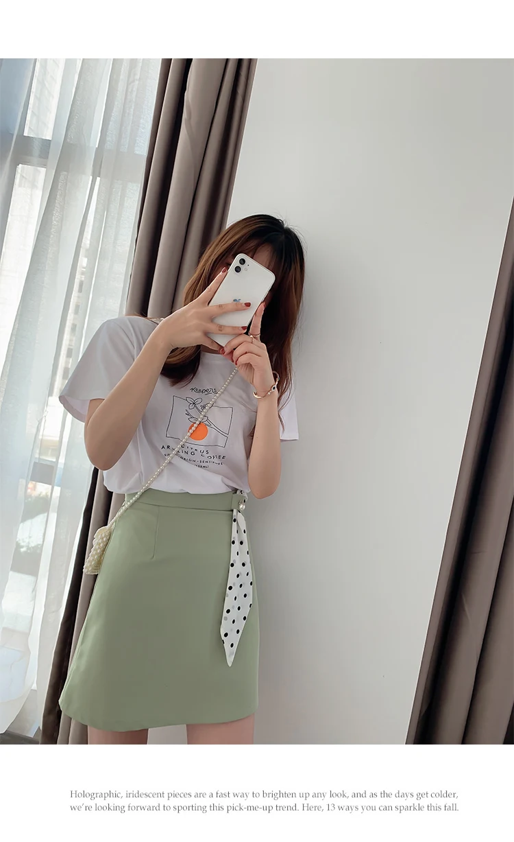 Женская юбка с высокой талией горчично-зеленая трапециевидная бусинами лето 2020 |