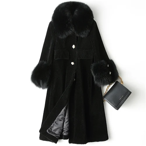 Black MAOMAOFUR/шерстяное пальто для женщин с натуральным лисьим меховым воротником и манжетами; теплая верхняя одежда для женщин; Новая модная длинная стильная куртка из натурального овечьего меха - Цвет: Black