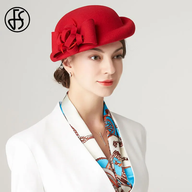 FS Vintage Red Wool Fedora Hat Beret 