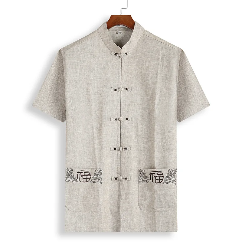 

2 Piece Set 2020 New Linen Men's Tang Suit Men's Summer Middle-aged and Elderly Hanfu Short-sleeved Cotton Linen Men's Clothing