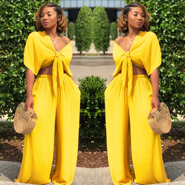 

wsevypo Summer 2021 Casual Women Solid Color Pants Sets Two-piece Office Lady Sets Bow Tie Front Crop Tops and Wide Leg Trousers