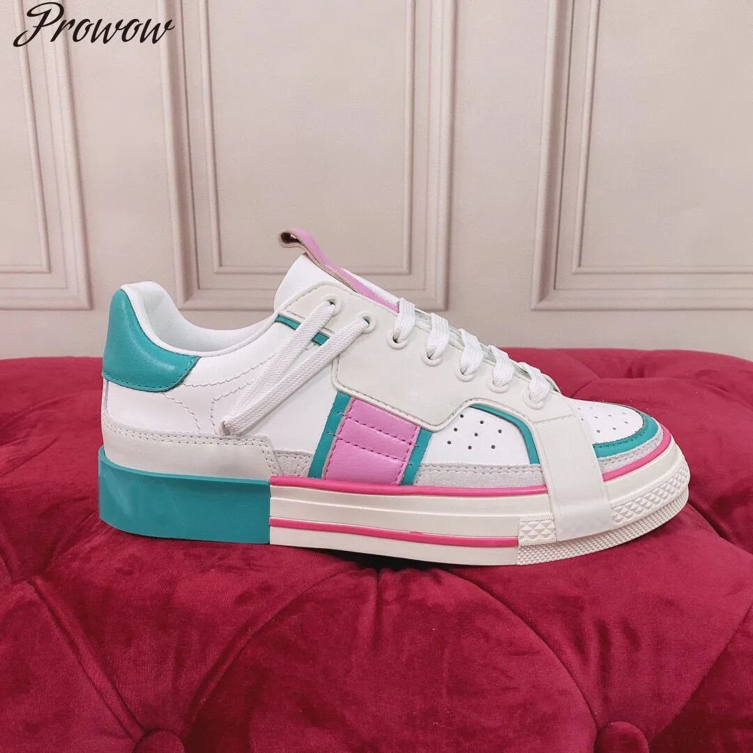 

Prowow Casual Designer Fashion Women Shoes White Genuine Leather Patchwork Trainer Lace Up Shoes for Woman