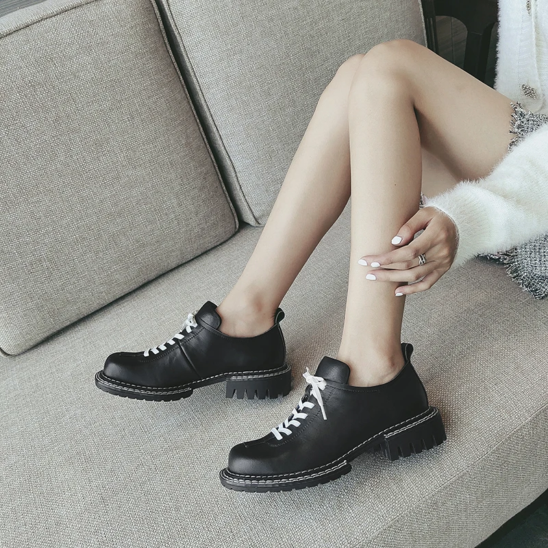 

2021 New Genuine Leather Ladies Shoes Thick Heels Square Toe Black Color Casual Shoes Spring Autumn Women Pumps Platform Heels