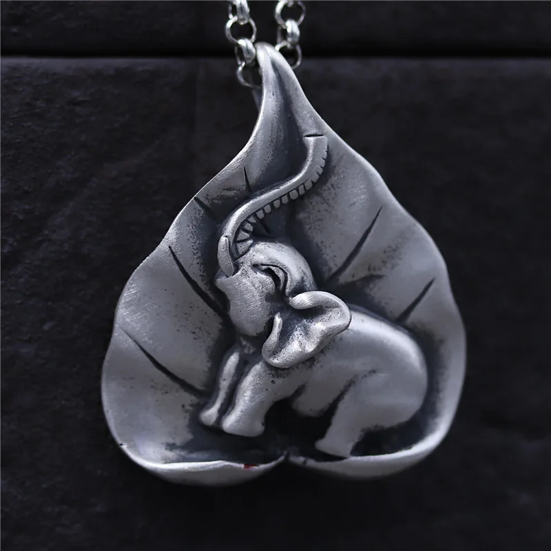 Ожерелья и кулоны слон с листом Настоящее чистое серебро 990 пробы винтажный Будда