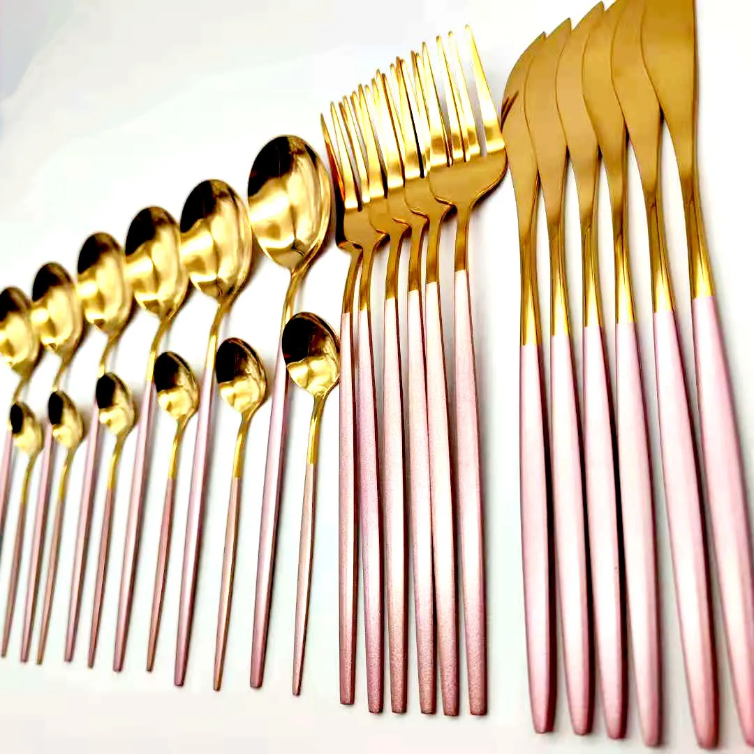 

304 Stainless Steel Pink Gold Cutlery Tableware Set 24pcs Fork Spoon Knife Set Dishwasher Safe Dinnerware Dinner Set Gift Box