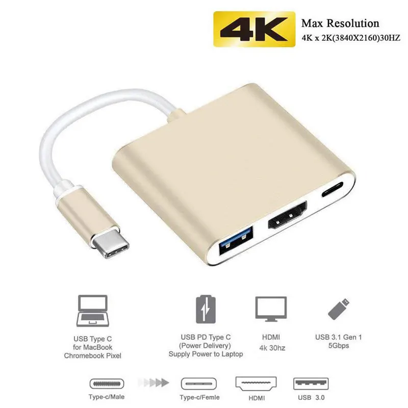 Uosible Thunderbolt 3 адаптер концентратор USB Type C к HDMI 4K Поддержка samsung Dex mode USB-C Doce с PD для MacBook Pro/Air - Цвет: Gold
