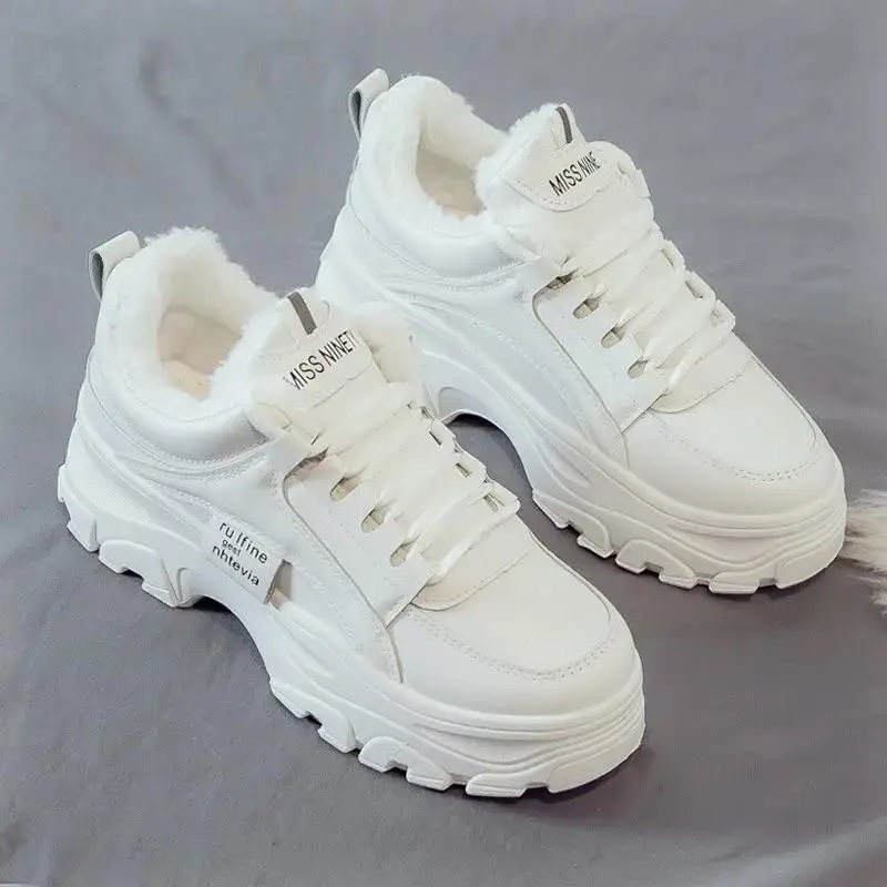 

2021 Girl Winter Plus Velvet Shoes Snow Cotton White Shoes Platform Lady Chunky Sneakers Heighten Women Warm Shoes