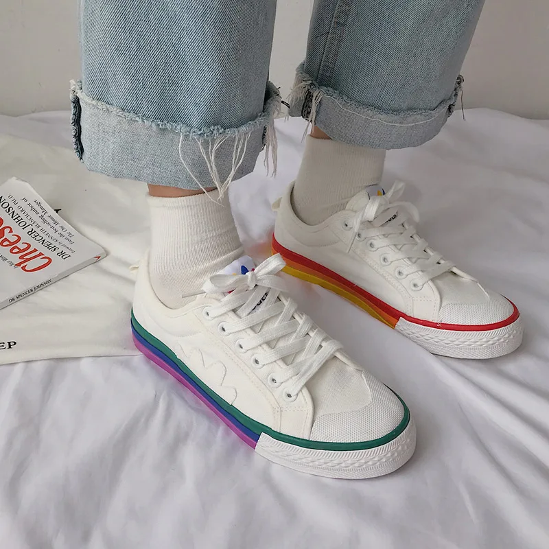 2020 новые радужные холщовые кроссовки женская обувь модные белые повседневная на