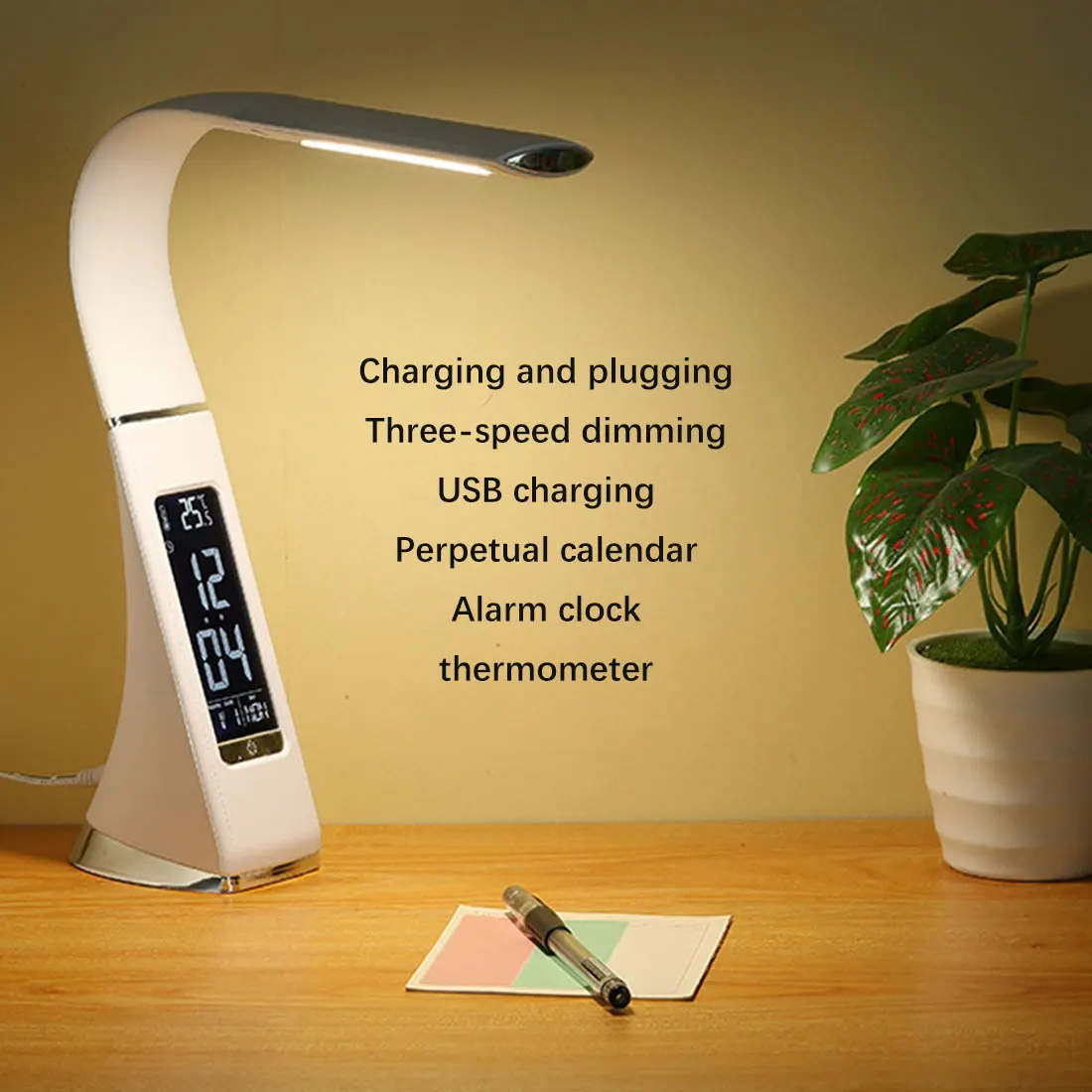 

LED Lamp Desk Touch Dimmable Table Lamp Desk Lighting Alarm Clock Calendar Time Temperature Display Eye-Protected Reading Light