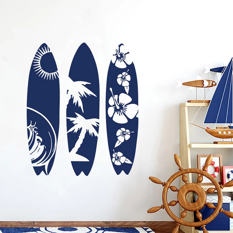 3PC Set Surfboard Vinyl Sticker Surfer Beach Flower Waves Mens Womens Living Room Wall Decal Art Bedroom Decoration 2258