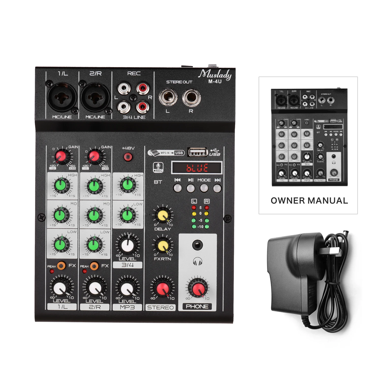 

Muslady M-4U Portable 4-Channel BT Mixing Console Digital Audio Mixer Built-in Reverb Effects +48V Phantom Power 3-band EQ