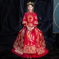 bride cheongsam vintage chinese style wedding dress retro red toast clothing lady phoenix embroidery gown marriage qipao