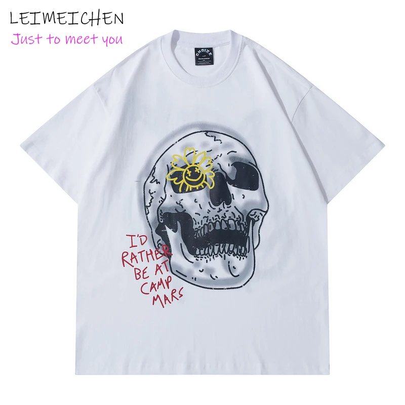 

LEIMEICHEN High Street Punk Skull Print Short Sleeve Personality Graffiti T-Shirt Men And Women Hip-Hop Loose Half Sleeves