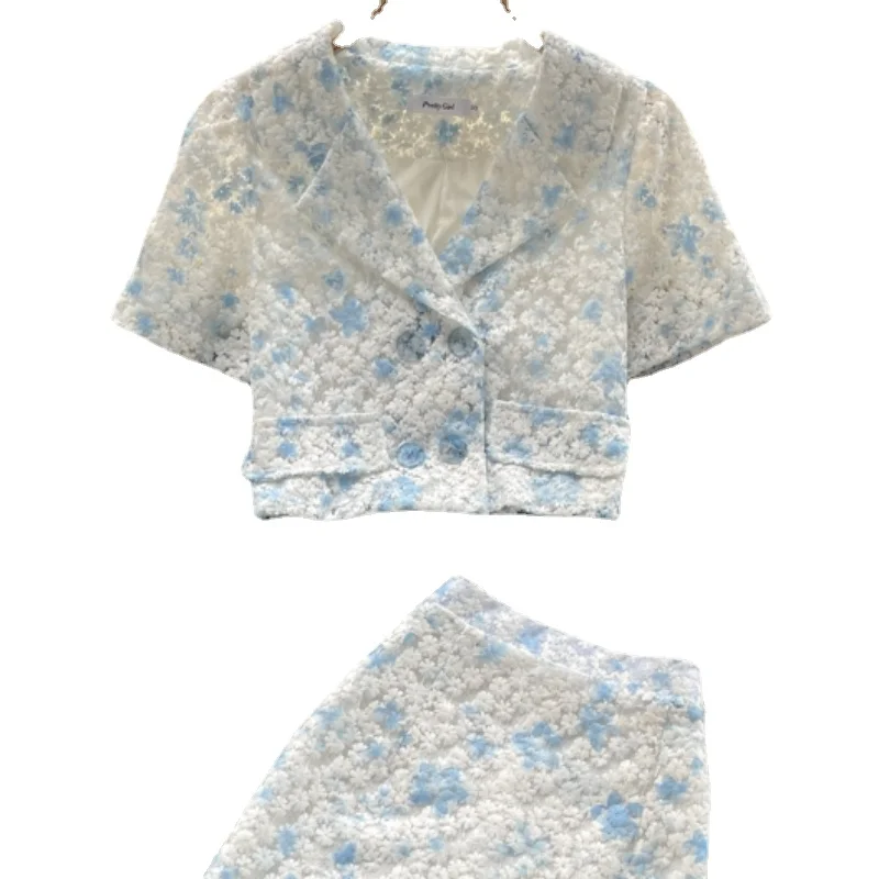 

Ladies Elegant Women's Summer Wear Embroidery Suit Collar Short Top Lady A Line Mini Skirt Female Two Piece Skirt Suit