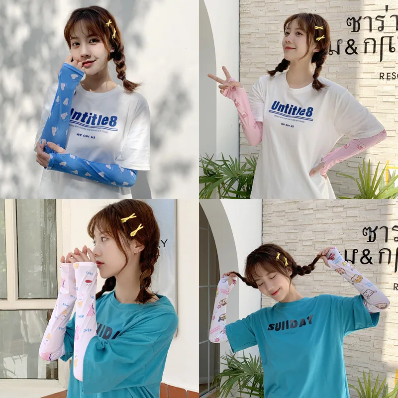 

Ice Silk Cartoon Animal Fruit Geometry Print Sun Gloves Half Finger Fingerless Driving Arm Warmers Sports Sunscreen Long Sleeve