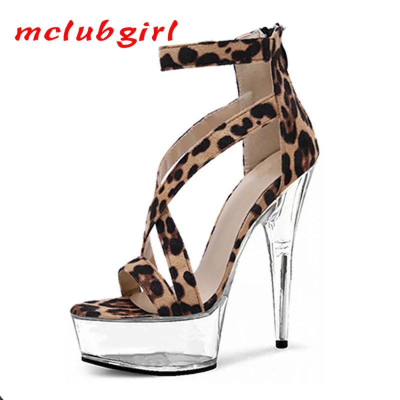 

Mclubgirl 15cm Heels Leopard Suede Open Toe Sandals Hentian High Waterproof Platform Antiskid Dance Shoes Female LYP