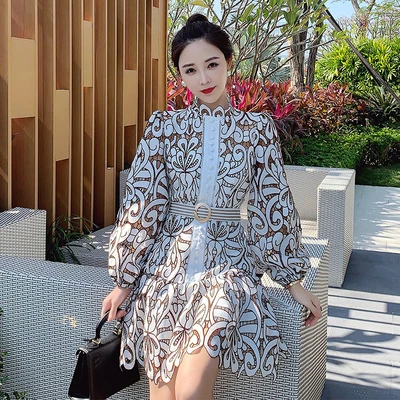 

Mini Dresses Woman Runway Designer Hollow Out Bodycon Belt 2021 NEW Woman Dress With Sash Beige Lace Long-sleeve Elegant