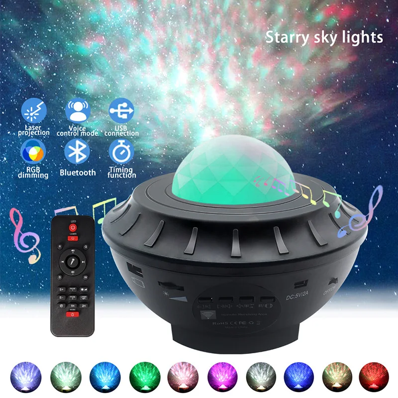 

USB LED Night Light Starry Water Wave Projection Lamp Bluetooth-Compatible Music Rhythm Room Decor Children Christmas Decor