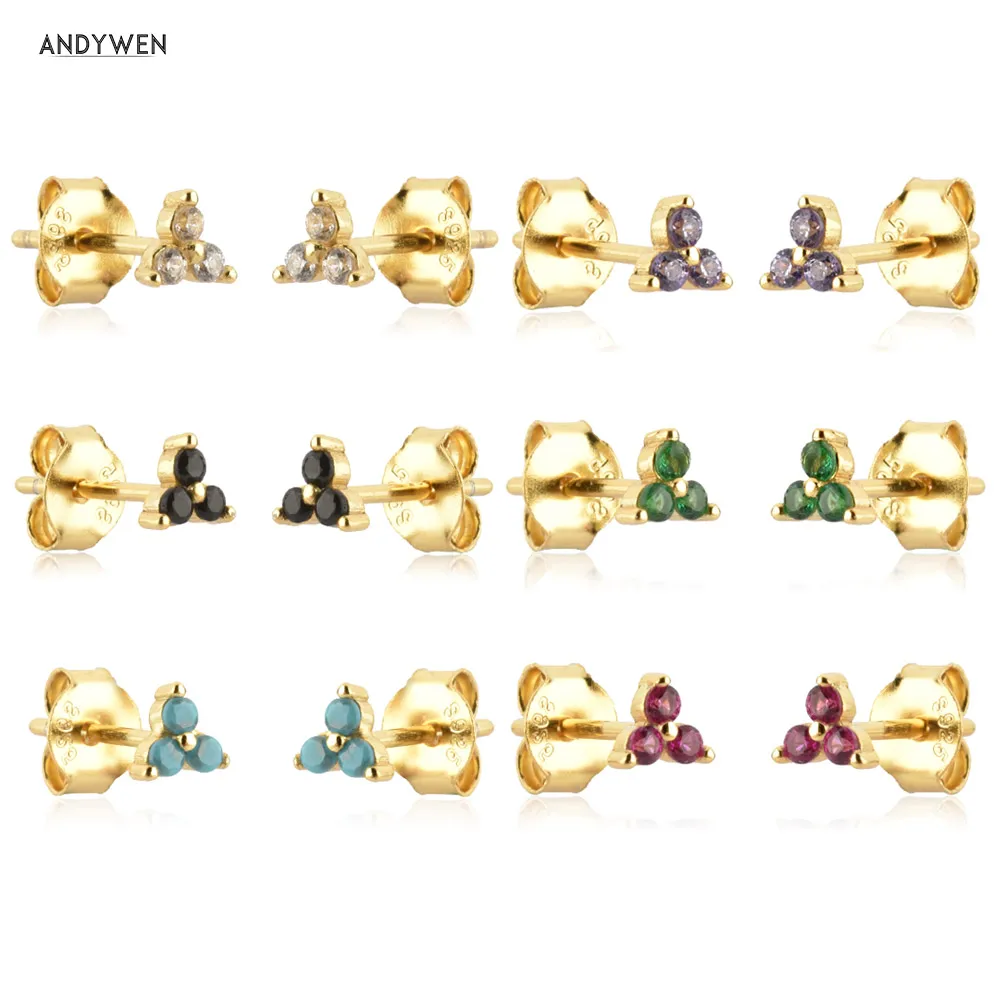 

ANDYWEN 925 Sterling Silver Gold Three Zircon Clear Colorful Stud Earring Piercing Pendiente Luxury Jewelry Rock Punk Jewelry