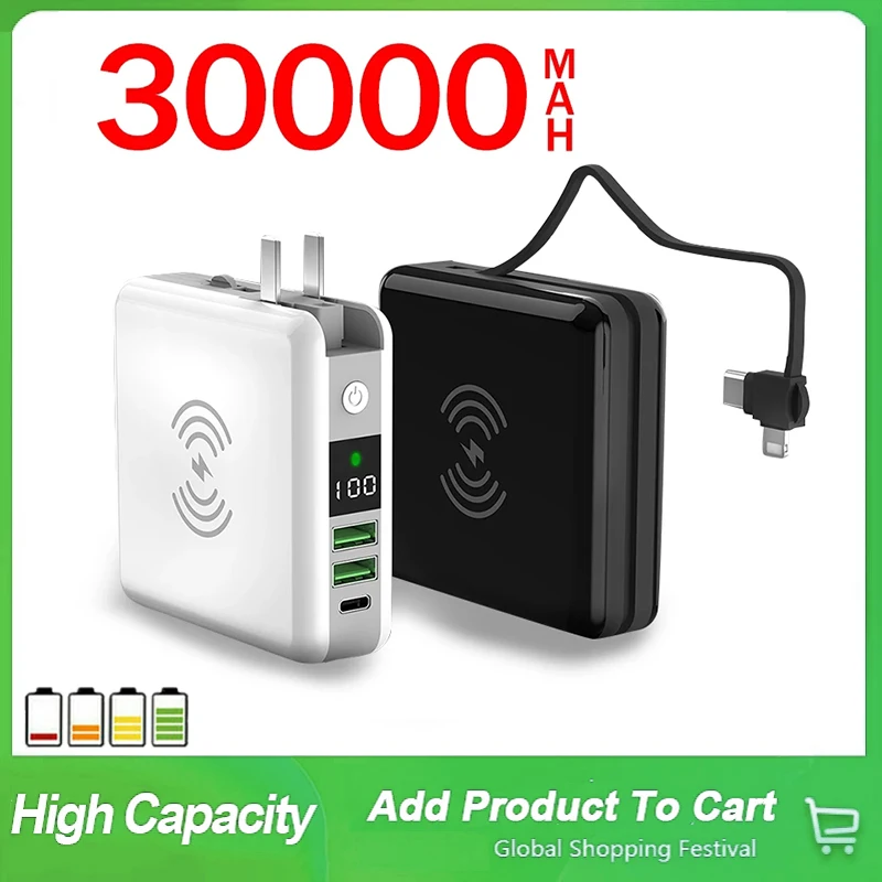 

Mini Power Bank Wireless 30000mAh Portable Phone Charger Large Capacity External Battery Charger LCD Digital Display Powerbank