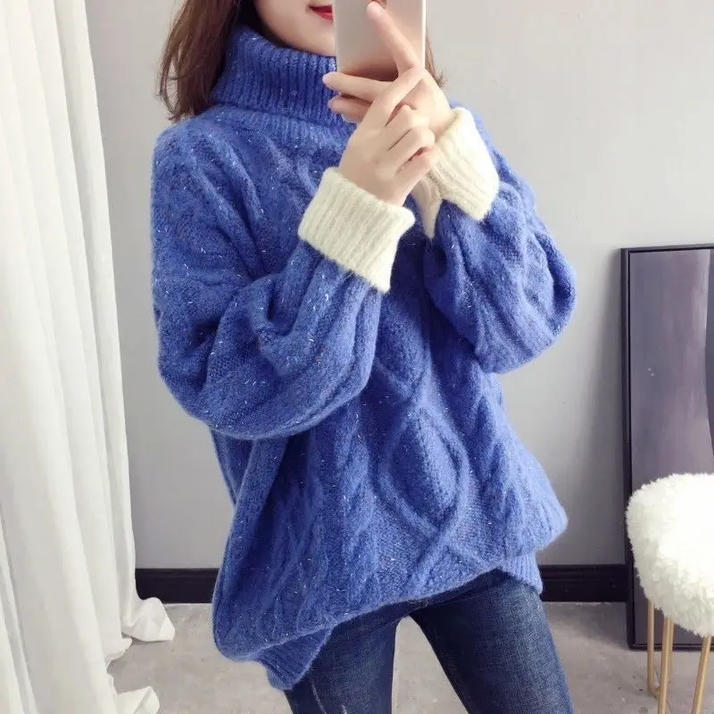 

Loose Pullover Female Padded Top Turtleneck Knitting Woman Sweaters Femme Chandails Pull Hiver
