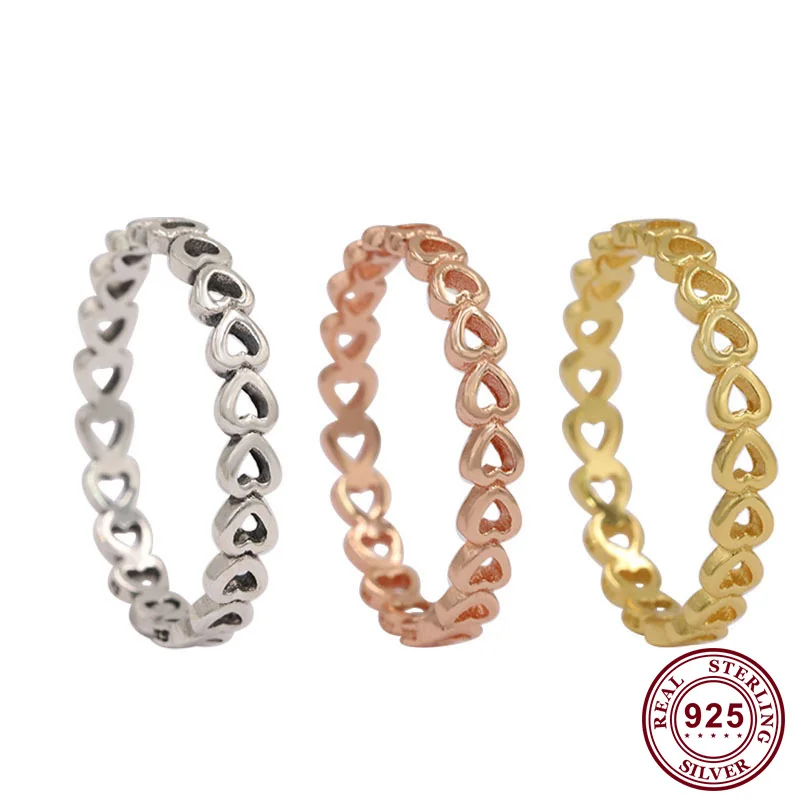 

Original 925 Sterling Silver Pan Ring Romantic Heart-shaped Hollow Out Tricolor Ring For Women Wedding Party Fashion Jewelry