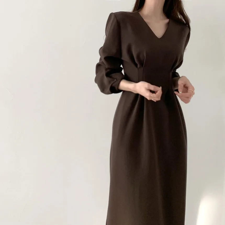 

Solid Minimalist Maxi Dress women 2020 New Autumn Dress Fashion Elegant OL V-neck Long Sleeve Dresses Female Vestidos