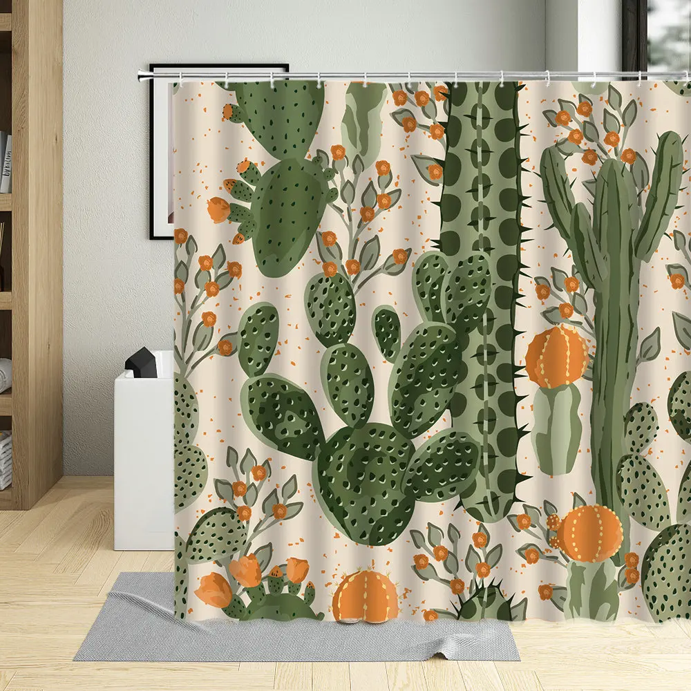 

Green Cactus Shower Curtains Waterproof Polyester Fabric Bathroom Curtains Cartoons Tropical Plants Bathtub Screens Home Decor