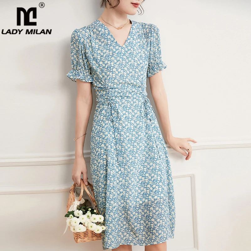 

Женское платье из 100% шелка, Элегантное летнее платье с V-образным вырезом и оборками, с короткими рукавами, с принтом