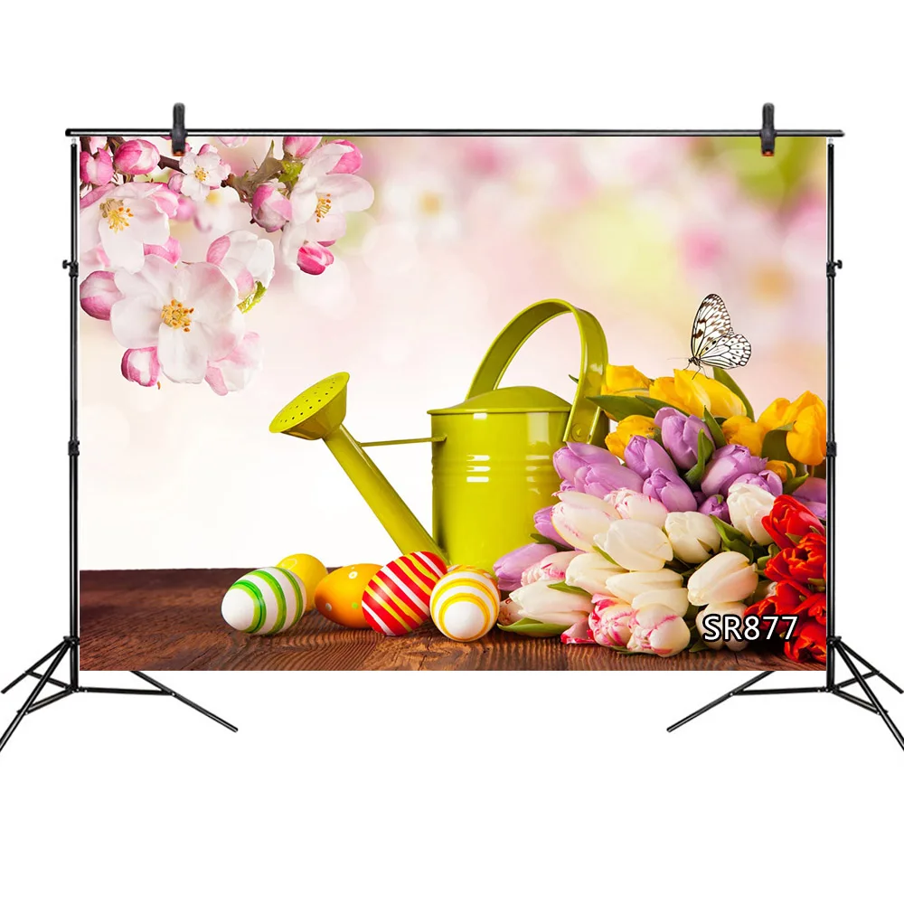 Фон для фотосъемки с пасхальными весенними цветами цветными яйцами