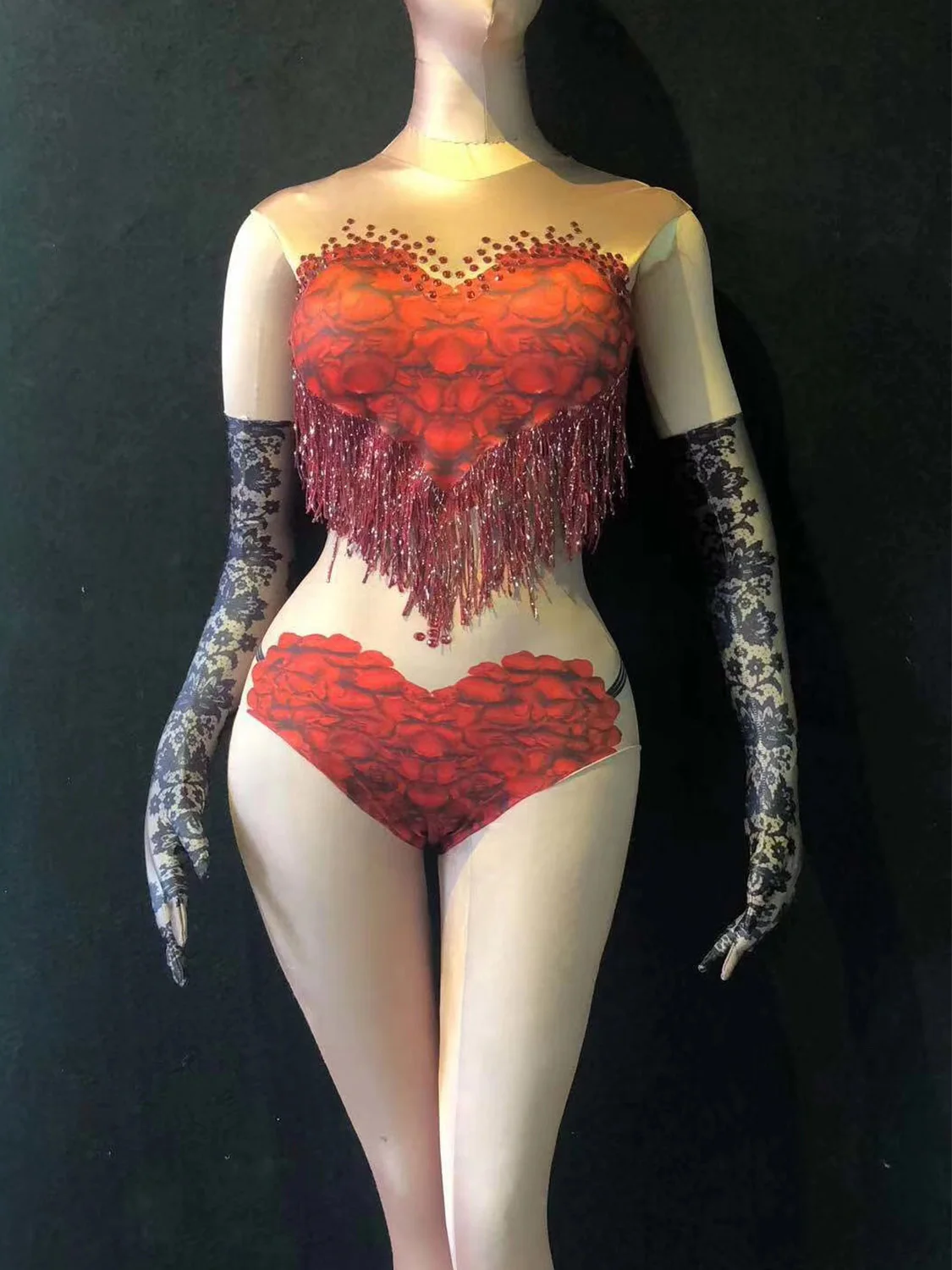 

Women Floral Costume Pattern Printing Rhinestones Tassel Backless Bodysuit Personality Performance Costume Ladies Dance Wear