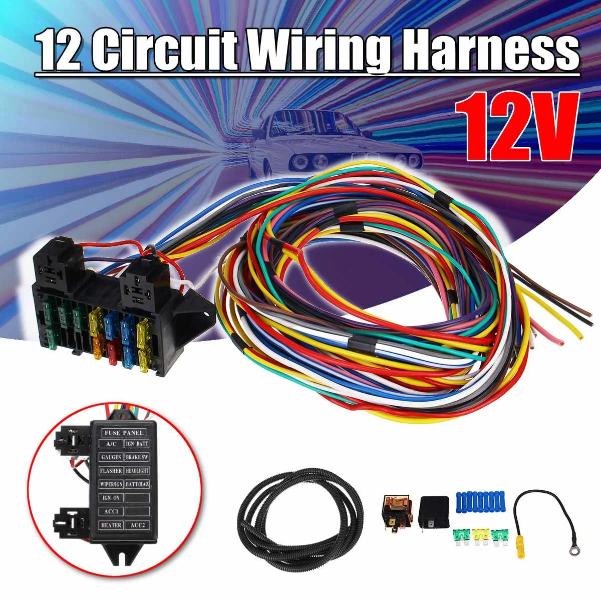 

14 Circuit Universal Wiring Harness 14 Fuse 12V Muscle Car Hot Rod Street Gauge XL Wires