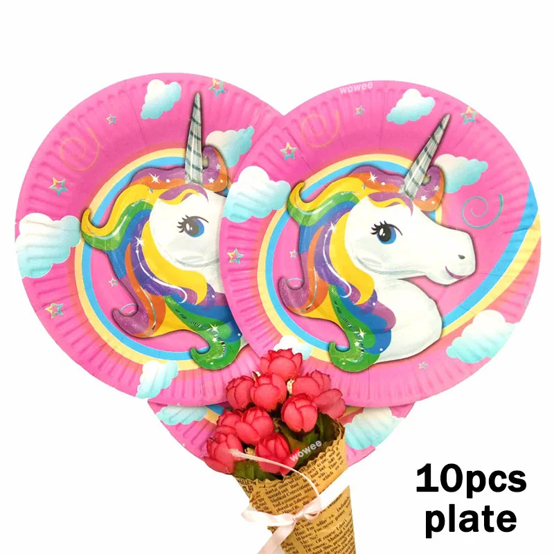 10Paper Plate7inch Принадлежности для тематической вечеринки в виде единорога скатерть салфетки тарелки попкорн принадлежности чашки ножи и вилки ложки День рождения украшения - Цвет: 10Paper Plate7inch