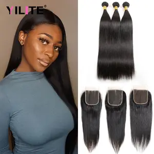 Peruvian Straight Hair 3 Bundles With Closure 24 26 28 with 20inch  Unprocessed Virgin Human Hair Bundles With Lace Closure Free Part 8A Long inch  Hair Extensions Queen Plus Hair  Black Hair Information