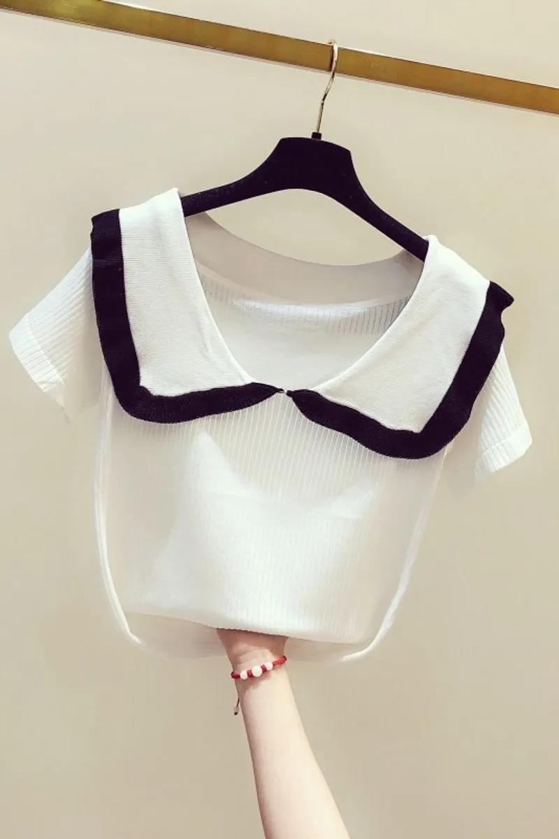 

2020 New Korea-style Summer Peter Pan Collar Short Sleeve Knitted T-shirt All-match Casual Pullovers Top
