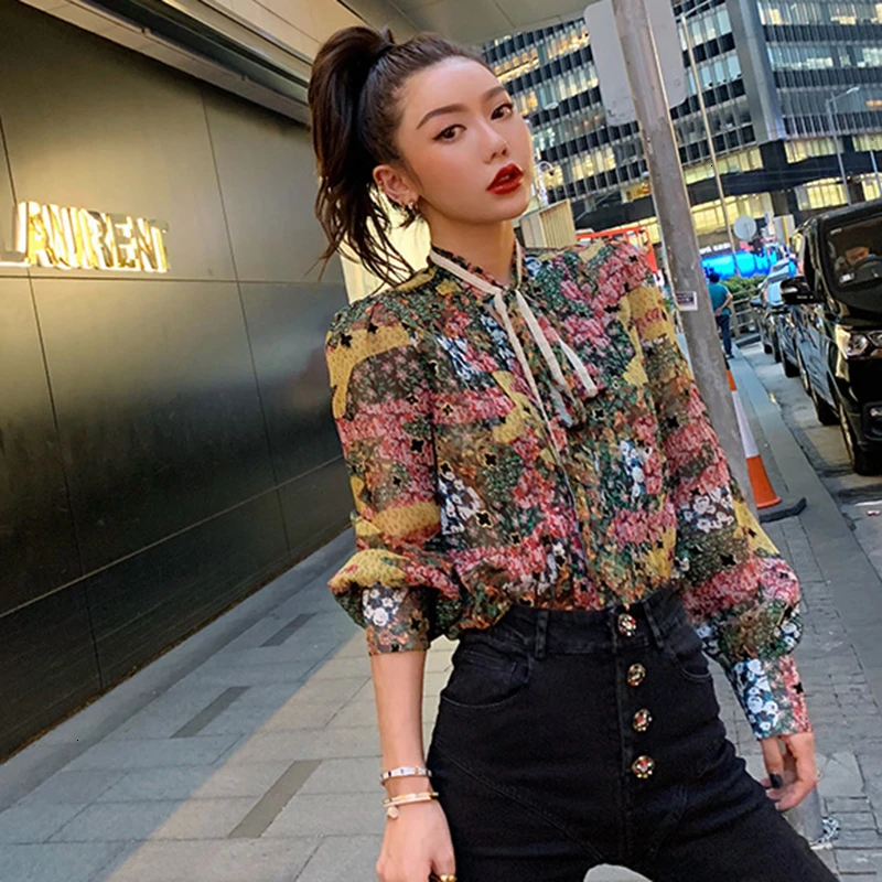 GALCAUR Patchwork Sequin Print Women's Shirt Stand Collar Long Sleeve Lace Up Bowknot Autumn Blouse Female 2020 Fashion New | Женская