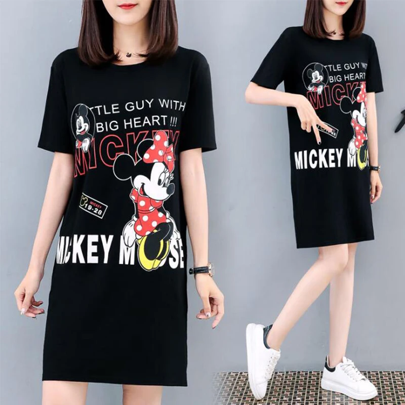 

Women Minnie Mickey Mouse Dress Fashion Print Casual Loose Short Sleeve Streetwear Dresses Summer Cartoon Robes Sweet Vestidos
