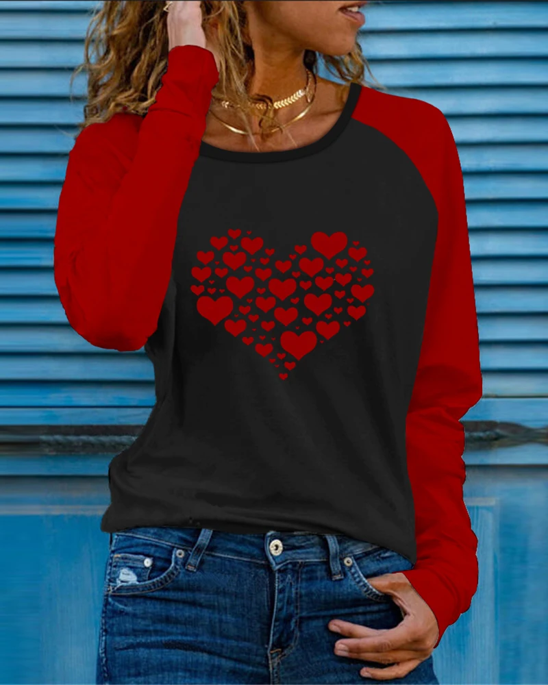 

Valentine's Day Spring Fall Women's Heart Print Top Tee Femme Round Neck Long Sleeve Clothing Ladies Casual T-Shirt 2021 New