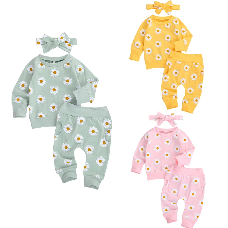 Conjunto de ropa de otoño para bebé recién nacido de 0 a 24 meses, Top de algodón con estampado de margaritas, pantalones largos, trajes de 2 piezas y 3 colores