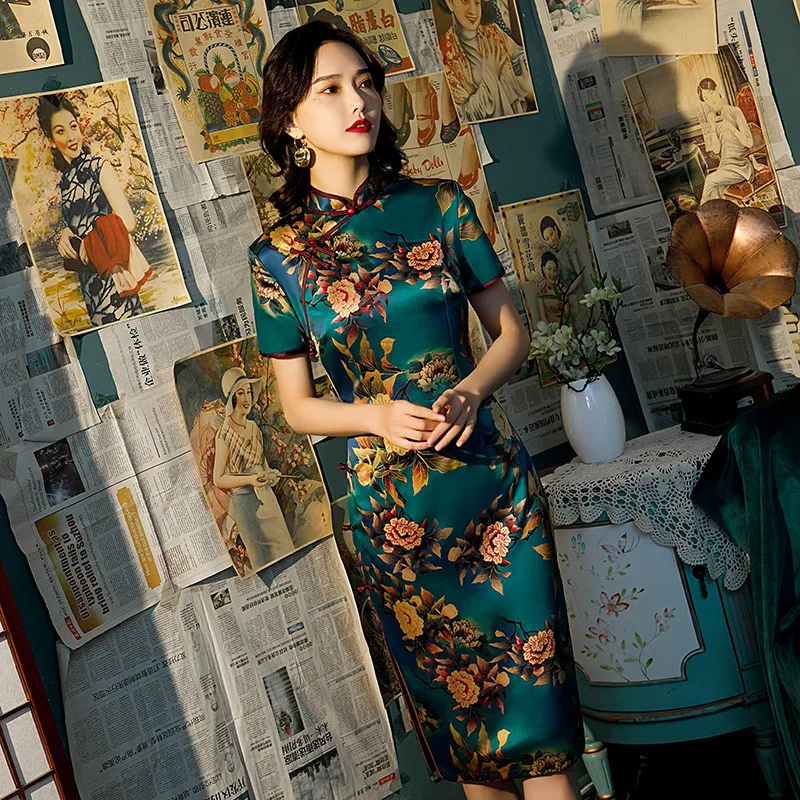 

Women Elegant Short Sleeve Slim Qipao Dress New Traditional Chinese Mandarin Collar Floral Print Cheongsam Vestidos
