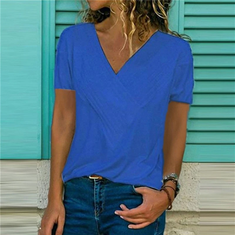 Белая футболка с v-образным вырезом для женщин летняя однотонная хлопковая