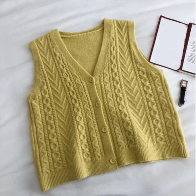 

2020 Korean Women Knitted Sweater Cardigan Sleeveless Female Sweater Vest Ladies V-Neck Tops Teenager Girls Waistcoat Women Coat