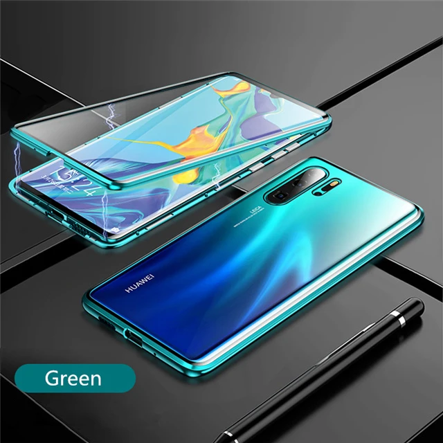 Clear With Green Магнитный чехол для телефона для huawei P30 Lite P30 светильник P 30 Чехол 3D Жесткий спереди и длинное сзади магнит металлическая крышка для huawei честь 20 Pro/Mate 10 Lite - Цвет: Clear With Green