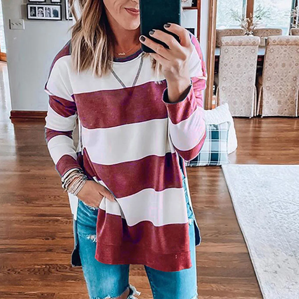 Женский свитшот полосатая рубашка с круглым вырезом Повседневная Блузка длинным