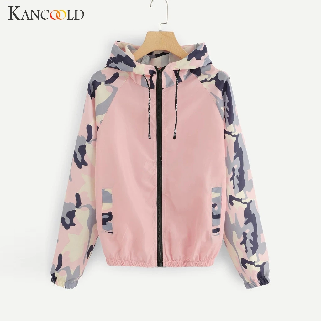 

KANCOOLD coats Women Long Sleeve Patchwork Hooded Zipper Sport Coat Pockets Casual new coats and jackets women 2019AUG6