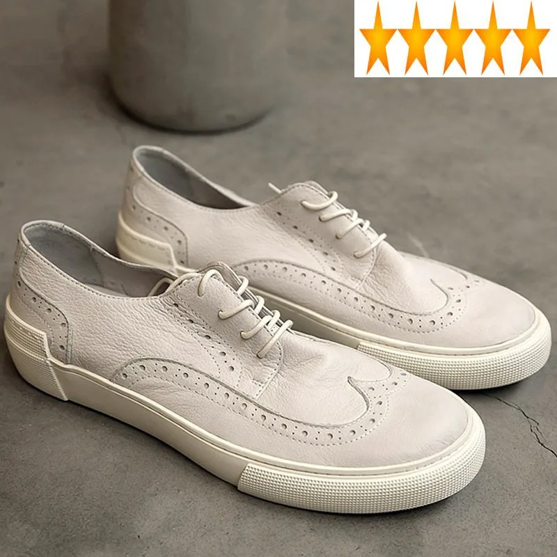 

Male Summer British Lace Carved Up Casual Genuine Leather Harajuku Vintage Round Toe Cowhide Breathable Mens Sneaker Shoes
