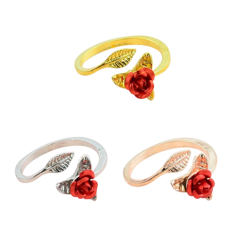 

Red Rose Garden Flower Leaves Open Rings Resizable Gold Finger Rings Valentine's Day Gift Jewelry for Women